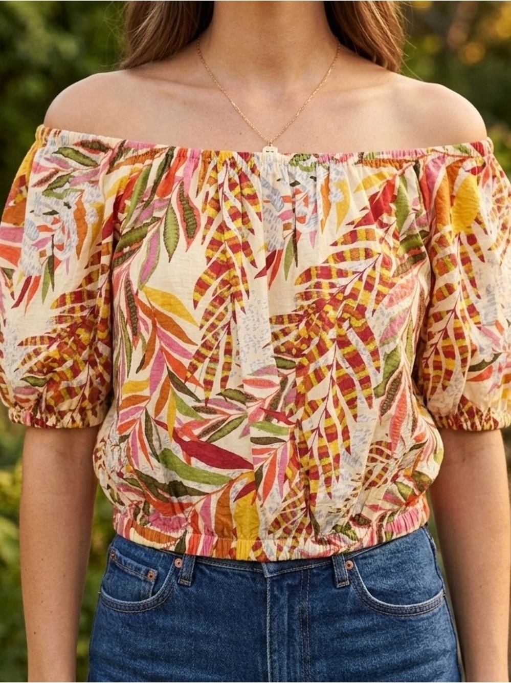 Anthropologie Melloday Crop Top Vibrant Botanical Leaf Print Puff Sleeves Sz XS